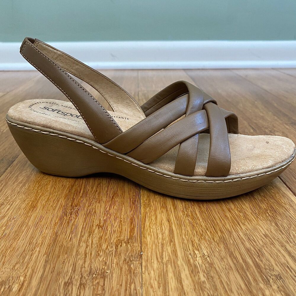Softspots Leather Open Toe Slingback Sandals Womens 8M Brown Tan Comfort Resort